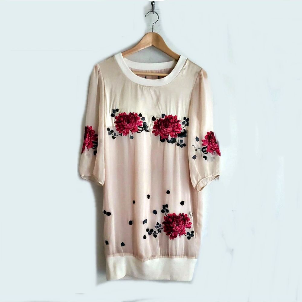 Women's Vintage Rose Cream Sheer Silky Embroidered Shirt Sz S